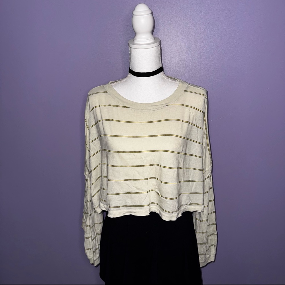 Urban Outfitters Beige Striped Long Sleeve Crop Top